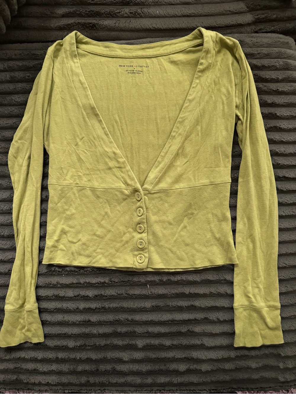 New York & Company Olive Button-Front V-Neck Long Sleeve Top